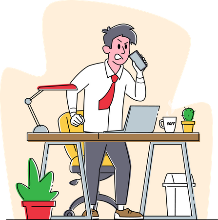 Angry Business Man with Red Face Speaking by Smartphone in Office Illustration