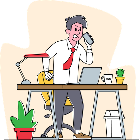 Angry Business Man with Red Face Speaking by Smartphone in Office  Illustration