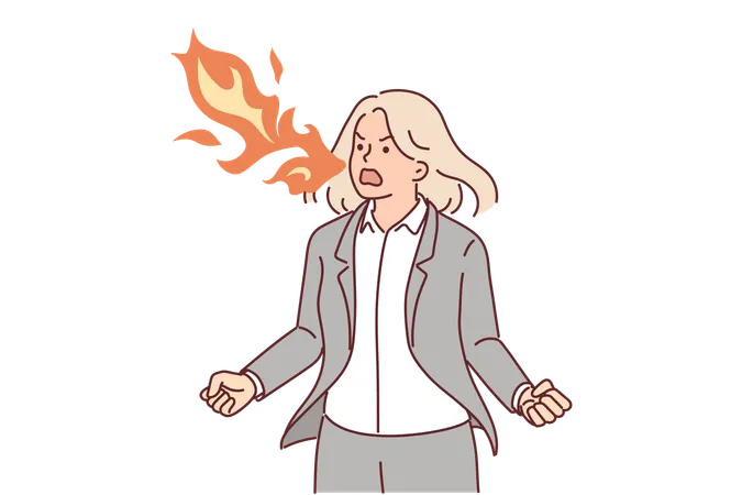 Angry business woman with fiery breath  Illustration