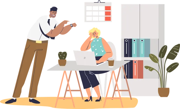 Angry Businessman Boss Shouting At Frustrated Female Worker Pointing At Watch Stressed Woman Manager Missing Deadline At Work Time Management And Pressure Concept Cartoon Flat Vector Illustration 일러스트레이션