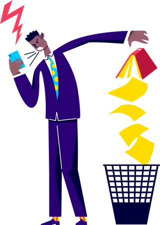 Angry businessman shouting while speaking on mobile phone, Afro man in suit screaming on smartphone  Illustration