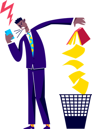 Angry businessman shouting while speaking on mobile phone, Afro man in suit screaming on smartphone  Illustration