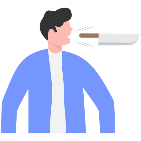 Angry businessman throwing knife from mouth  Illustration