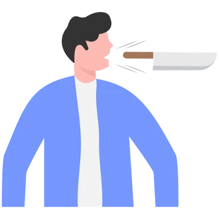 Angry businessman throwing knife from mouth  Illustration