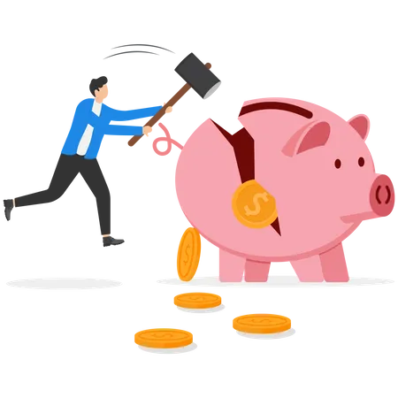 Angry Businessman With A Sledgehammer About To Break Piggy Bank To Find Money Using Savings Flat Vector Illustration Illustration