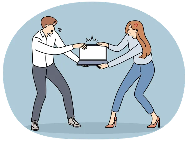 Angry businesspeople fighting for computer  Illustration