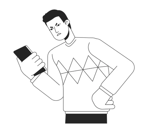 Angry Caller Looking At Phone Bw Vector Spot Illustration Irritated Man With Smartphone 2 D Cartoon Flat Line Monochromatic Character On White For Web UI Design Editable Isolated Outline Hero Image Illustration