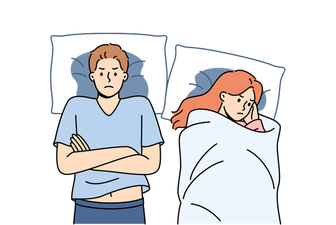 Angry couple lies in bed after fight  Illustration