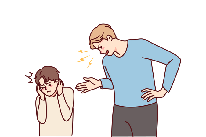 Angry Dad Scold Son Closing Ears With Hands  Illustration