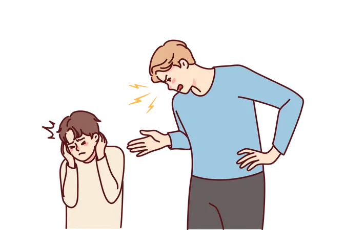 Angry Dad Scold Son Closing Ears With Hands  Illustration