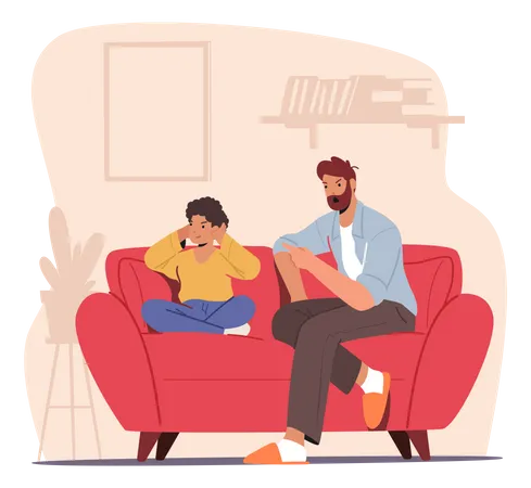Angry Dad Sit On Couch Scold Son Closing Ears With Hands  Illustration