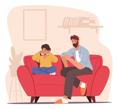 Angry Dad Sit On Couch Scold Son Closing Ears With Hands  Illustration