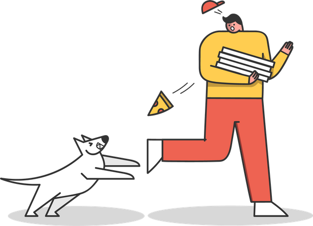 Angry dog attacking pizza delivery man Illustration