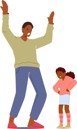 Angry Father Scolds His Little Daughter Loudly His Harsh Words And Towering Presence Overwhelming Her Tiny Tearful Figure Black Family Characters Quarrel Scene Cartoon People Vector Illustration Illustration