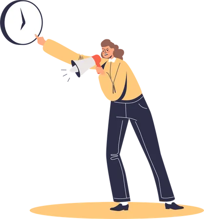 Angry Furious Female Boss With Megaphone Screaming Pointing At Time On Clock Missing Deadline And Bad Time Management For Project Concept Cartoon Flat Vector Illustration Illustration