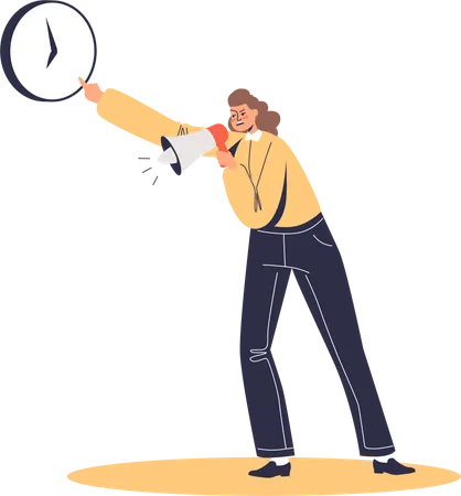 Angry female boss with megaphone scream pointing at time  Illustration