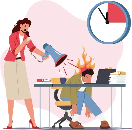 Angry Female Boss Yelling at Male Employee Scolding for Incompetent Work Illustration