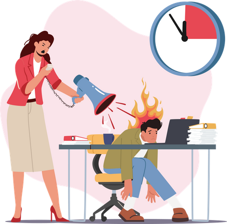 Angry Female Boss Yelling at Male Employee Scolding for Incompetent Work  Illustration