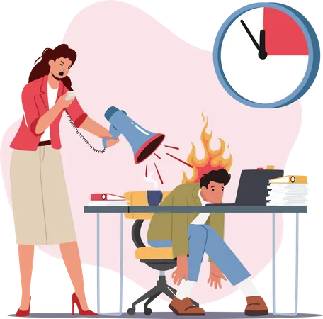 Angry Female Boss Yelling at Male Employee Scolding for Incompetent Work  Illustration