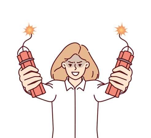 Angry female employee holding bomb in hand  Illustration
