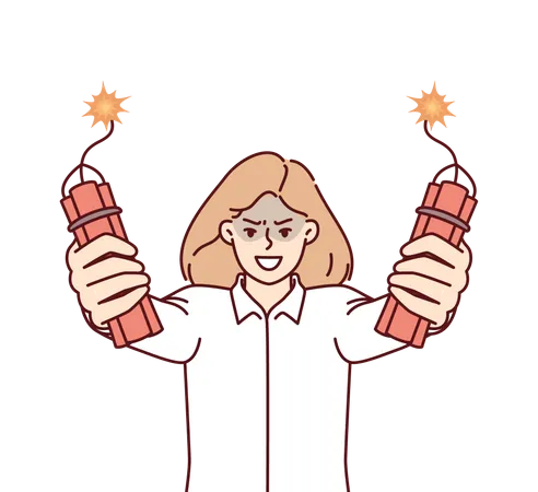 Angry female employee holding bomb in hand  Illustration