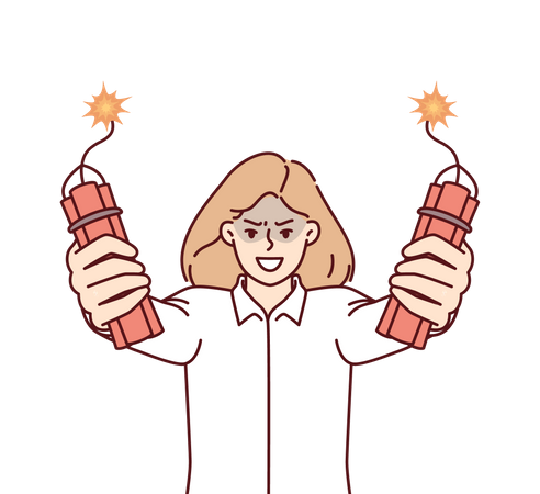 Angry female employee holding bomb in hand  Illustration
