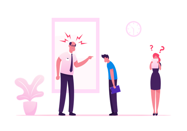 Angry Furious Boss Scolding and Rebuking Incompetent Employees in Office Illustration