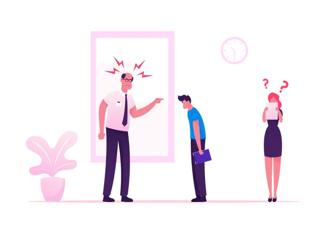 Angry Furious Boss Scolding and Rebuking Incompetent Employees in Office  Illustration