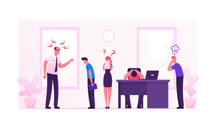 Angry Furious Boss Yelling at Office Employees Illustration