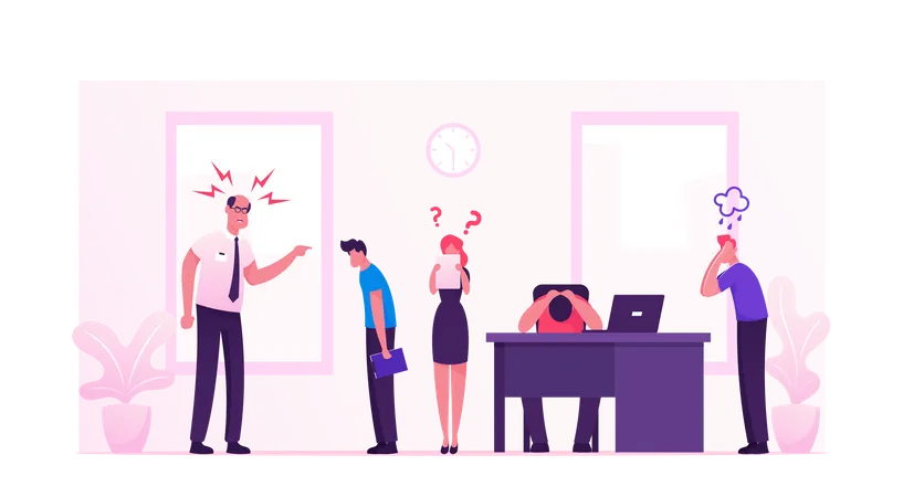Angry Furious Boss Yelling at Office Employees  Illustration