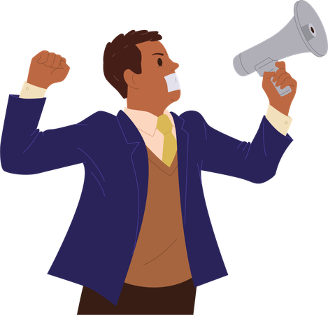 Angry furious businessman trying to shout in megaphone  Illustration