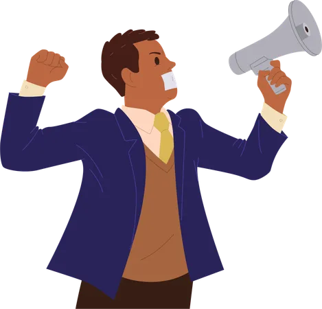 Angry furious businessman trying to shout in megaphone  Illustration