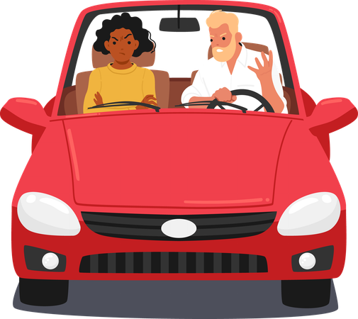 Angry furious married couple quarreling arguing while riding car  Illustration