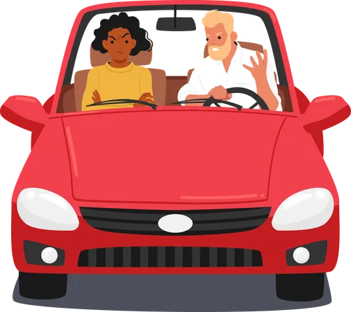 Angry furious married couple quarreling arguing while riding car  Illustration