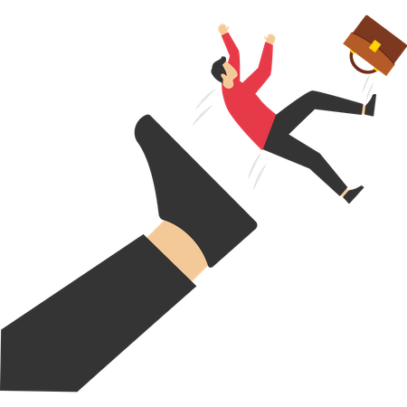 Angry giant boss kicking employee businessman from office  イラスト