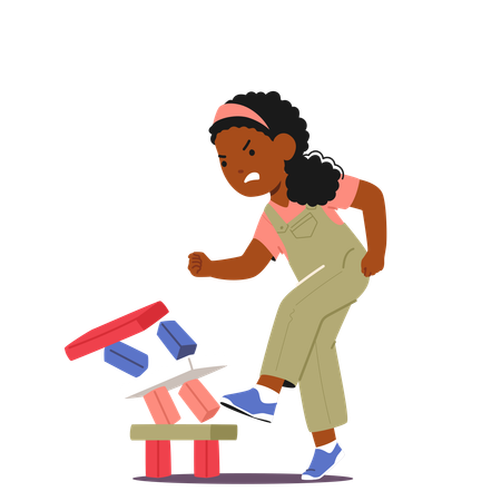 Angry Girl Kicking Blocks  Illustration