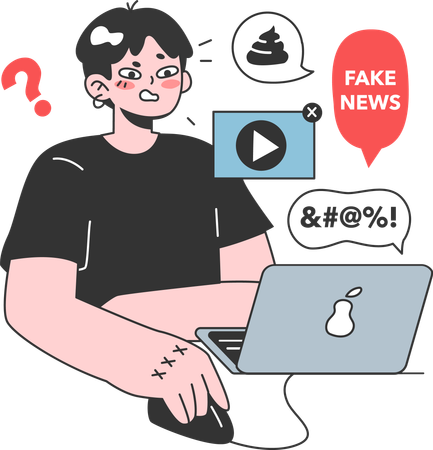 Angry girl watching fake news using laptop  Illustration
