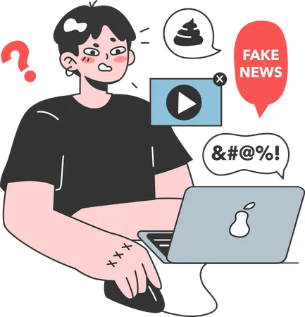 Angry girl watching fake news using laptop  イラスト