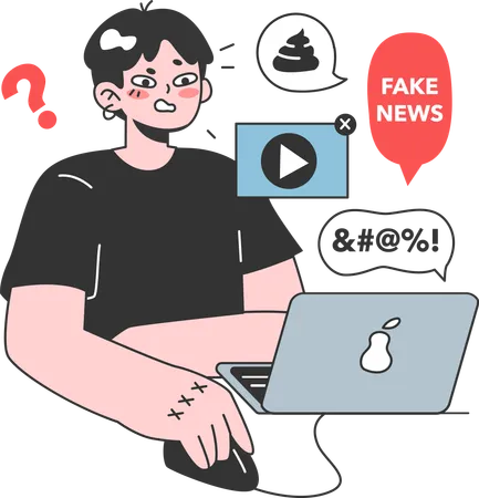 Angry girl watching fake news using laptop  Illustration