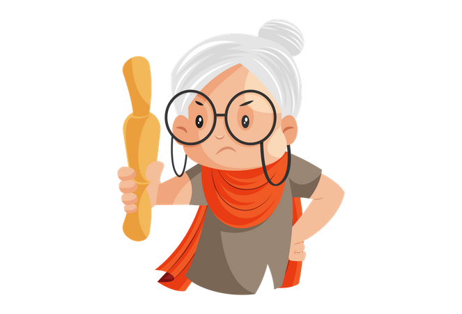 Angry Grandmother is holding a rolling pin in her hand  Illustration