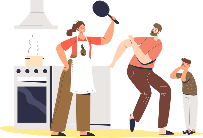 Angry housewife screaming on husband and child Illustration