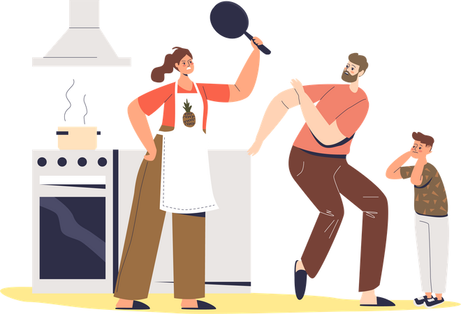 Angry housewife screaming on husband and child  Illustration