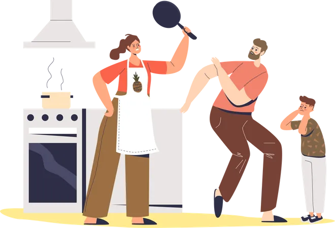 Angry housewife screaming on husband and child  Illustration