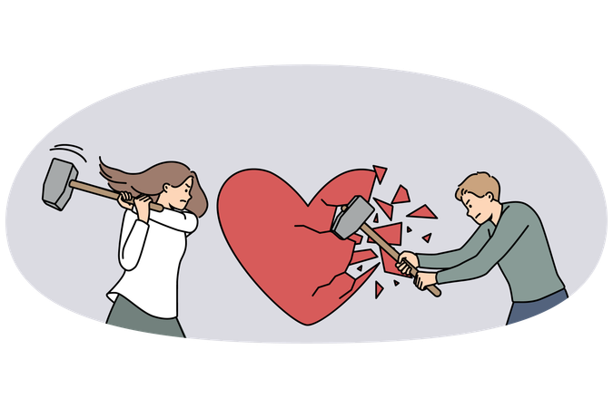 Angry man and woman break huge heart with hammers suffer from breakup  Illustration