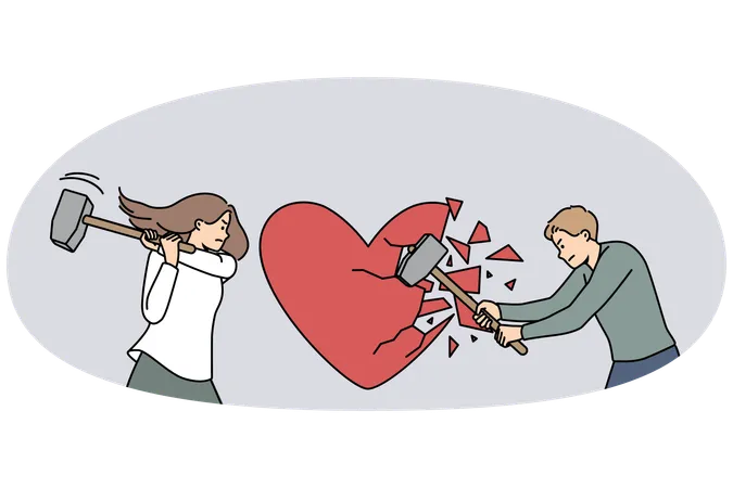 Angry man and woman break huge heart with hammers suffer from breakup  Illustration