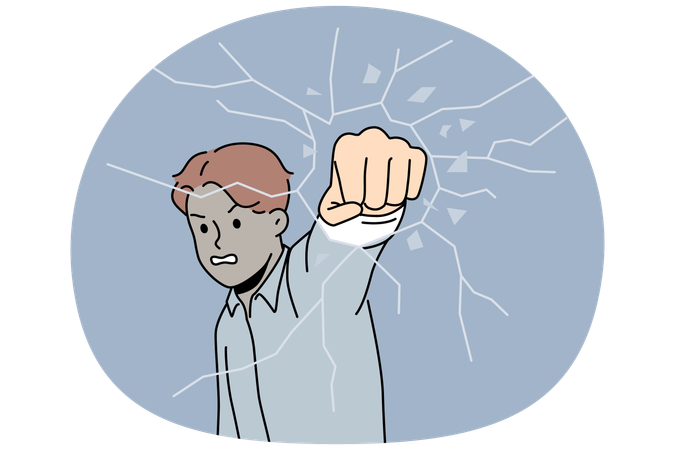 Angry man break glass with fist  Illustration