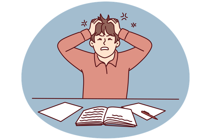 Angry man clutching head sitting at table with workbooks suffering from nervous work  Illustration
