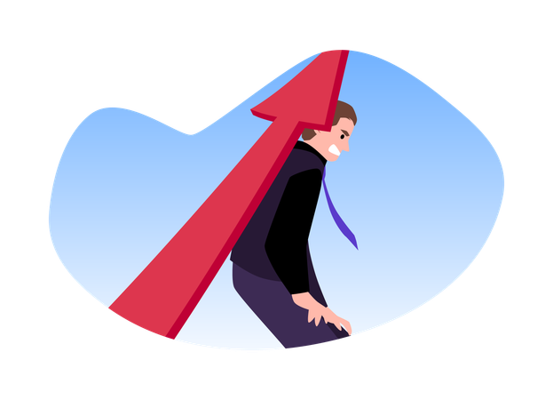 Angry man holding huge red arrow on shoulders  Illustration