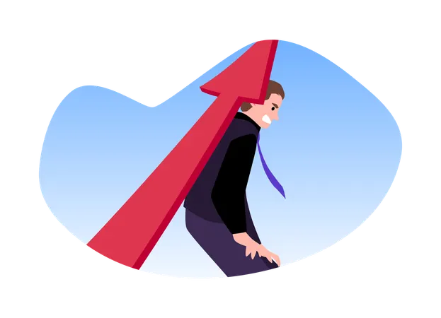 Angry man holding huge red arrow on shoulders  Illustration
