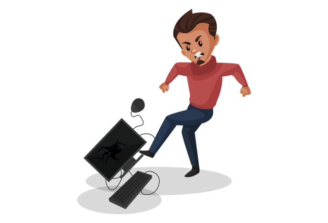 Angry Man kicking computer  Illustration